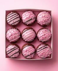 Obraz premium Treats Nine glazed cake donuts, pink drizzle and sprinkles, neatly arranged in box
