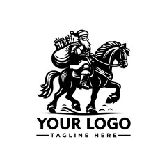Santa Claus riding a horse carrying a sack full of gifts, black and white cartoon vector illustration
