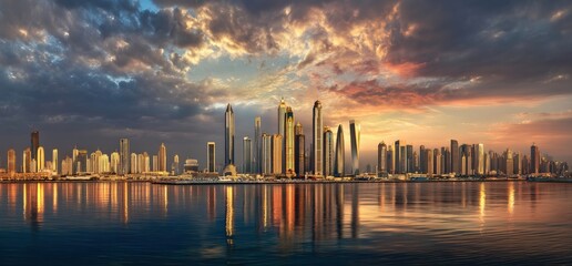 Panoramic view capturing the Dubai Marina skyline, reflecting beautifully on water at sunset, surrounded by dramatic clouds and vibrant colors