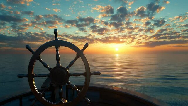 Serene sailing experience: View from the boat's helm at sunset over ocean water
