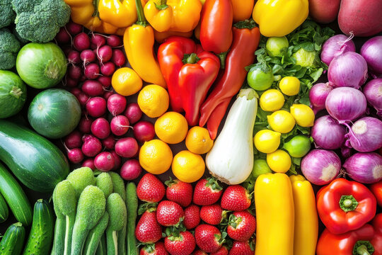 Colorful fruits and vegetables arranged in rainbow