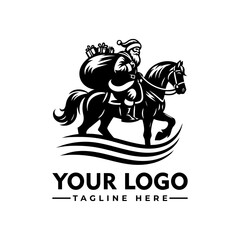 Santa Claus riding a horse carrying a sack full of gifts, black and white cartoon vector illustration
