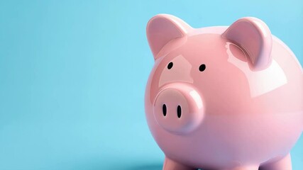 Isolated pink piggy bank sitting on light blue background, saving money and financial planning concept for future, deposit for emergency fund, investment strategy. - Powered by Adobe