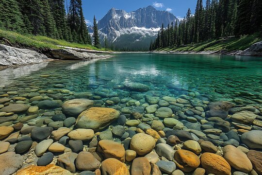 Clear turquoise lake reveals colorful river stones with mountainous and forested scenic backdrop
