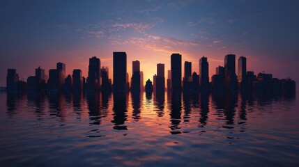 Flooded city skyline silhouette at dusk with distorted water reflections, symbolizing climate change and urban displacement. NGO, sustainable development, apocalypse concept illustration