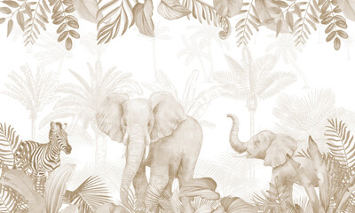Vintage Safari Animals Wallpaper: Elephant & Zebra in Muted Sepia Jungle Scene © csinie1