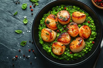 Elegant Seafood Delight. Grilled Scallops & Vegetables on Black Plate - A Fresh Herb & Pea Garnish Highlighting Healthy Culinary Cuisine for Dinner