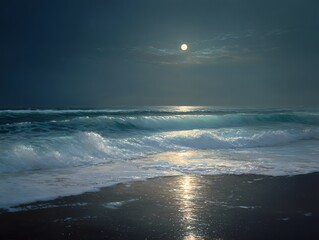 Ocean waves under moonlight night scene