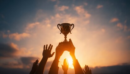 Team members raise a trophy high in victory against a vibrant sunset sky, celebrating their hard earned success