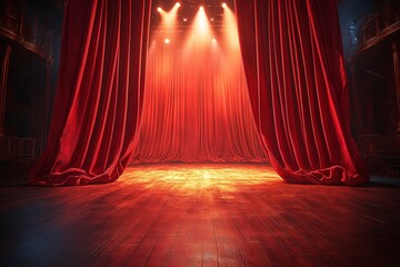 Dramatic Red Curtains and Spotlights. Captivating Stage Performance Setting with Live Entertainment