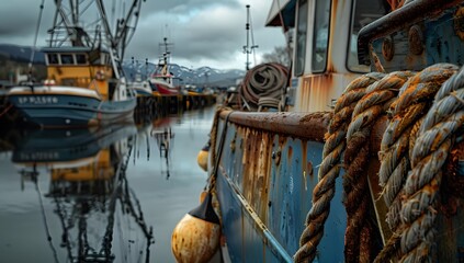 Obraz premium Rustic Fishing Boats at Dock with Ropes and Cloudy Sky
