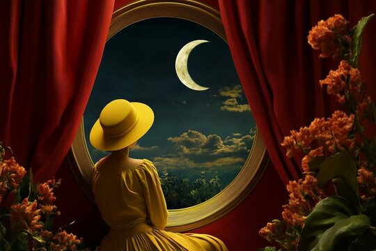 Woman in Yellow Hat Gazing at Crescent Moon Through Circular Window Framed by Red Curtains - Dreamlike, Surreal Nightscape. - Powered by Adobe
