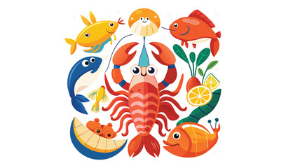 Cute cartoon sea creatures and seafood illustration