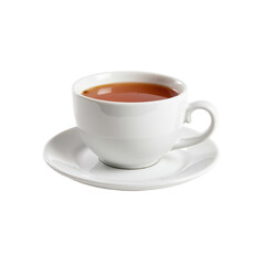 A simple white cup of tea on a saucer, elegantly set, perfect for minimalist decor..