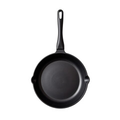 Sleek black cast iron skillet perfect for gourmet cooking, modern kitchenware, easy handling with ergonomic handle, transparent background png format.