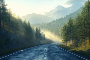 Misty Morning Mountain Highway. Tranquil Natural Beauty Between Pine Trees and Sunny Skies