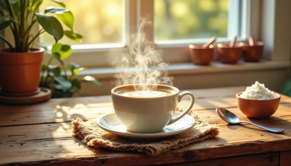 Cozy Scene of Steaming Cup of Creamy Coffee in Warm Light