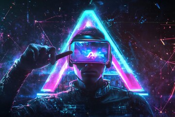 Man with VR headset amid neon triangle & futuristic data landscape