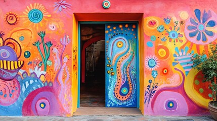 Fototapeta premium Whimsical colorful painted wall and door in an artistic Mexican street