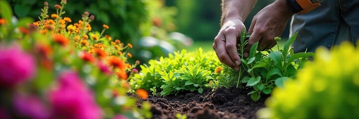Landscapers expertly plant diverse shrubs and flowers, creating a vibrant and lush garden The scene showcases meticulous planting techniques and thriving greenery , soil, stem