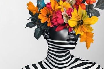 Floral headdress on zebra-striped figure, vibrant colorful blooms, monochrome background