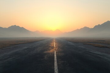 Majestic Mountain Sunrise. Tranquil Road Journey Through Misty Wilderness for Adventure and Exploration