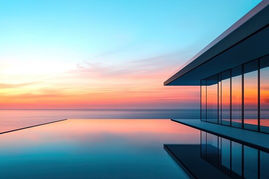 Modern home reflects vibrant sunset by the sea, merging horizon and architecture - Powered by Adobe