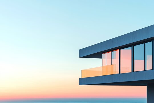 Minimalist modern building exterior featuring glass and cantilever with sky backdrop