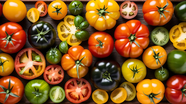 Colorful variety of fresh heirloom tomatoes sliced