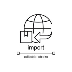 Line drawing of a globe with an arrow pointing towards a box labeled import. Suitable for international trade and logistics concepts.