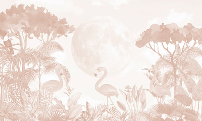 Dreamy Nature Wall Mural: Subtle Pink Tones, Flamingos & Birds in Tropical Forest © csinie1