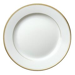Round white dinner plate with gold trim