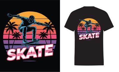 Retro skateboarder sunset palm trees t-shirt design