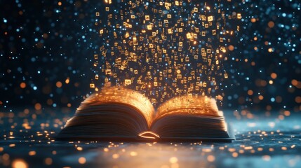 Open book, golden light, digital particles
