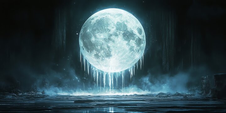 Glowing Moon Suspended Above Frozen Landscape
