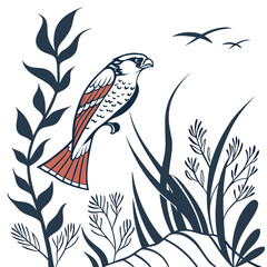 Elegant bird in floral meadow nature illustration