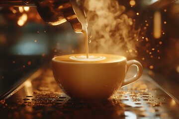 Morning Coffee Artistry. Steaming Espresso & Frothy Latte Creations by Skilled Barista