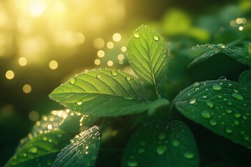 Close-Up Macro Photography of Green Leaves with Shiny Water Droplets in Sunlit Nature
