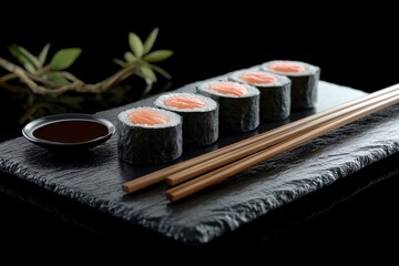 Fresh Japanese Sushi Rolls. Gourmet Seafood Cuisine on Wooden Plate. Artful Presentation with Chopsticks & Soy Sauce