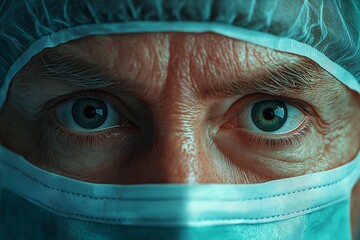 Focused Surgeon Portrait with Mask and PPE. Healthcare Professional in Medical Setting