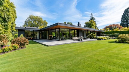 Modern home with expansive patio and lush garden