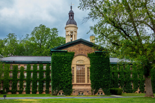Princeton, NJ - US - May 31, 2025 Nassau Hall, or Old Nassau, is Princeton University&rsquo;s oldest building, showcasing Renaissance style with ivy-covered stone walls and a central clocktower.