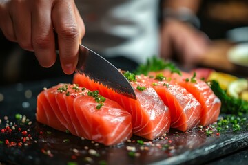 Fresh Salmon Sushi Making. Chef's Skillful Cutting Techniques in Japanese Cuisine Preparation