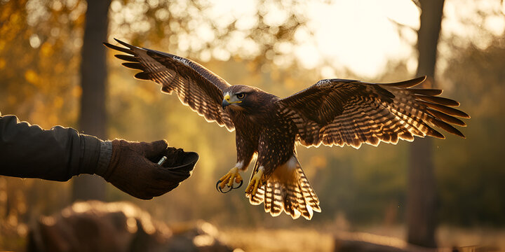 Falcon flying to handler in training session, Bird of prey in controlled flight at golden hour, Falconry training with raptor in forest
