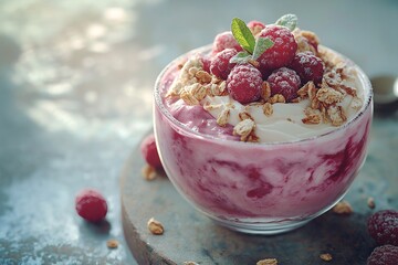 Healthy Layered Yogurt Parfait with Raspberries, Granola, and Apple Slice - Delicious and Nutritious Breakfast or Snack Recipe