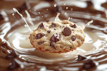 Chocolate Chip Cookie Splashed in Creamy Milk Indulgent Dessert Photography
