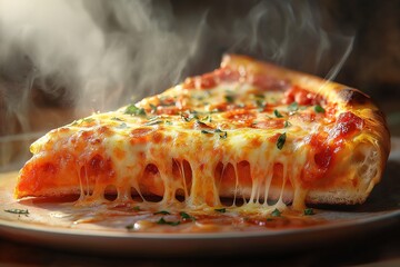 Delicious Hot and Steaming Slice of Italian Pizza with Melted Cheese Pull - Tasty Fast Food and Appetizing Indulgent Meal on Wooden Background