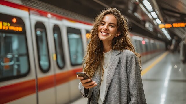 Young woman using smartphone on subway platform