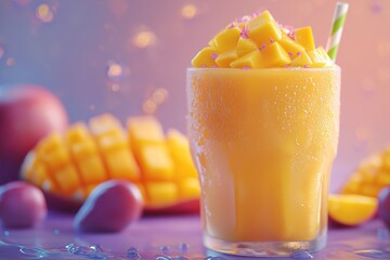 Refreshing Mango Juice Smoothie. Vibrant Tropical Drink with Fresh Citrus and Nutritious Pulp