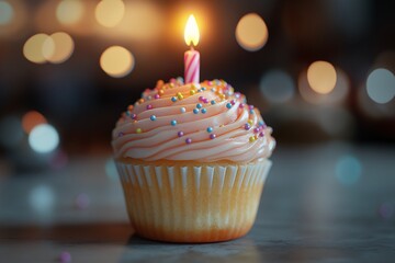 Delicious Birthday Cupcake with Candle and Sprinkles - Celebrate with Sweet Dessert & Fun Party Mood